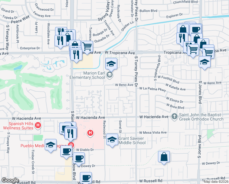 map of restaurants, bars, coffee shops, grocery stores, and more near 1060 Redwood Street in Las Vegas