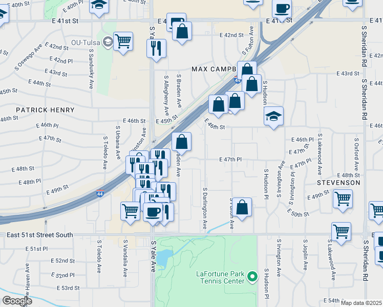 map of restaurants, bars, coffee shops, grocery stores, and more near 4631 South Braden Avenue in Tulsa