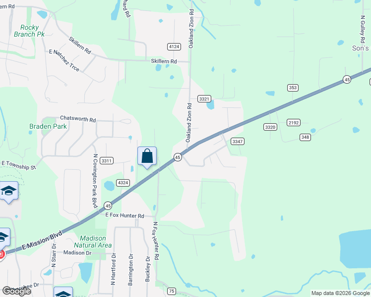 map of restaurants, bars, coffee shops, grocery stores, and more near 2500 Oakland Zion Road in Fayetteville