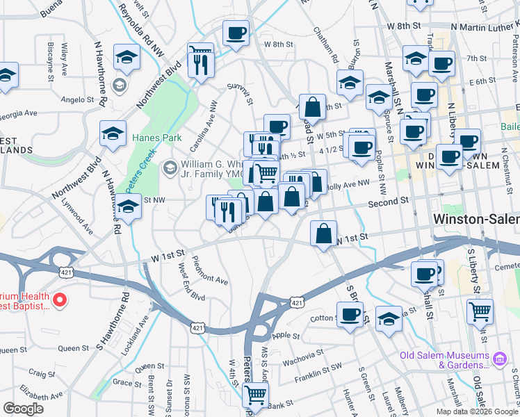 map of restaurants, bars, coffee shops, grocery stores, and more near 940 Burke Street in Winston-Salem