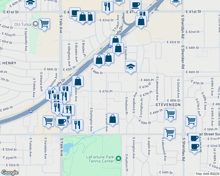 map of restaurants, bars, coffee shops, grocery stores, and more near 5535 East 47th Place in Tulsa