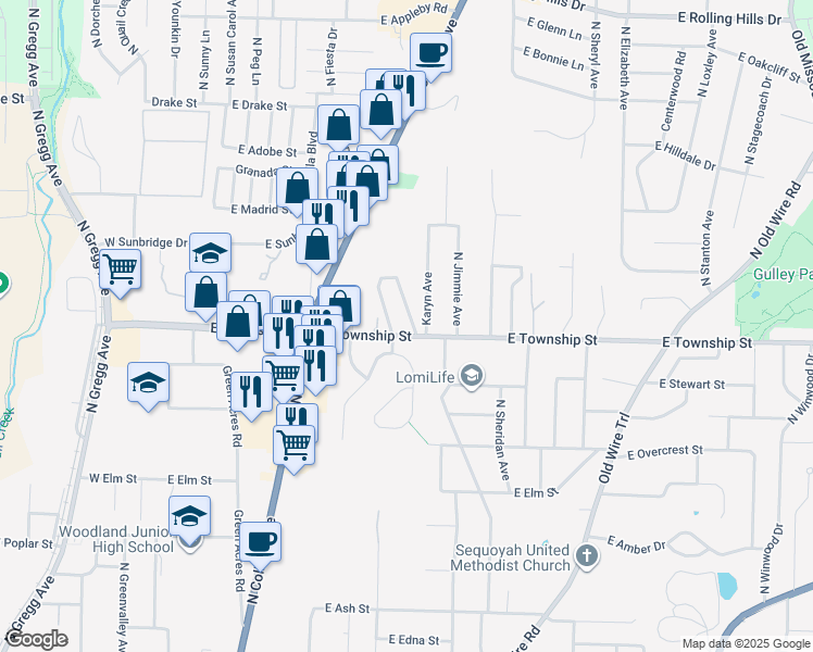 map of restaurants, bars, coffee shops, grocery stores, and more near 2433 North Brophy Avenue in Fayetteville