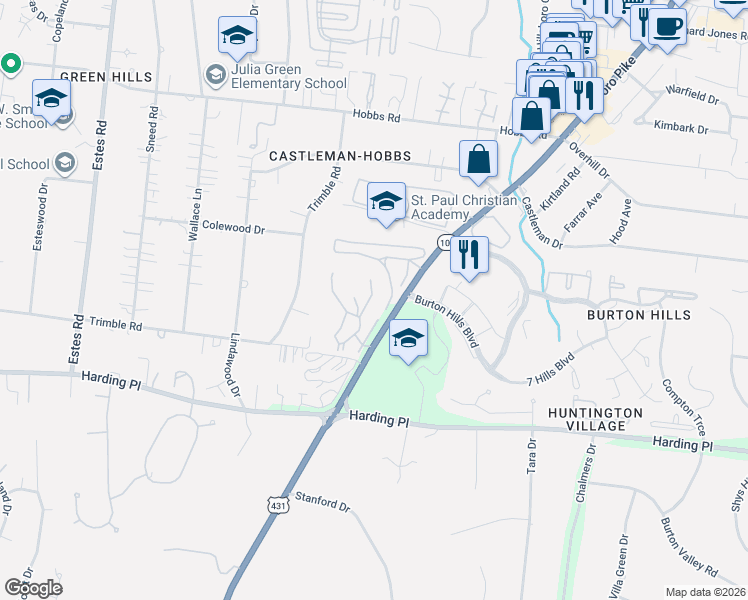 map of restaurants, bars, coffee shops, grocery stores, and more near 431 Summit Ridge Place in Nashville