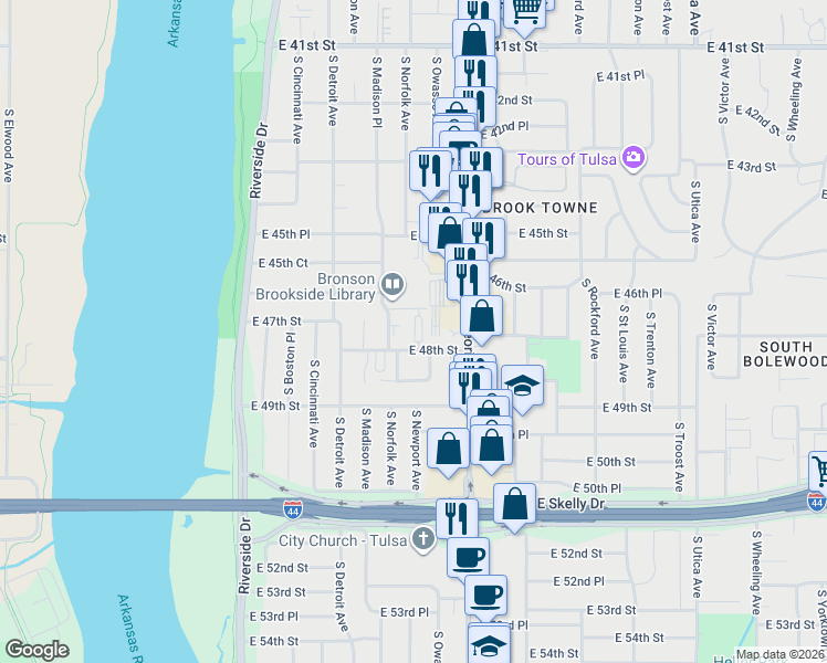 map of restaurants, bars, coffee shops, grocery stores, and more near 1111 East 48th Street in Tulsa