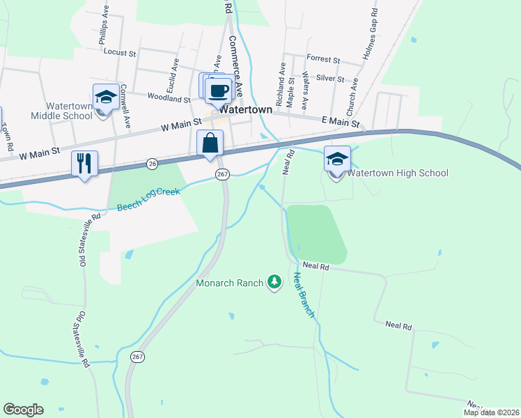 map of restaurants, bars, coffee shops, grocery stores, and more near 240 Neal Rd in Watertown