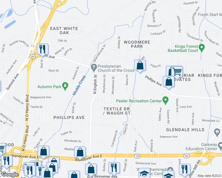 map of restaurants, bars, coffee shops, grocery stores, and more near 1503 Woodmere Drive in Greensboro