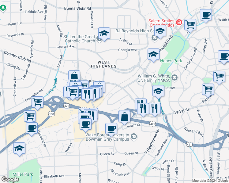 map of restaurants, bars, coffee shops, grocery stores, and more near 1625 West Northwest Boulevard in Winston-Salem