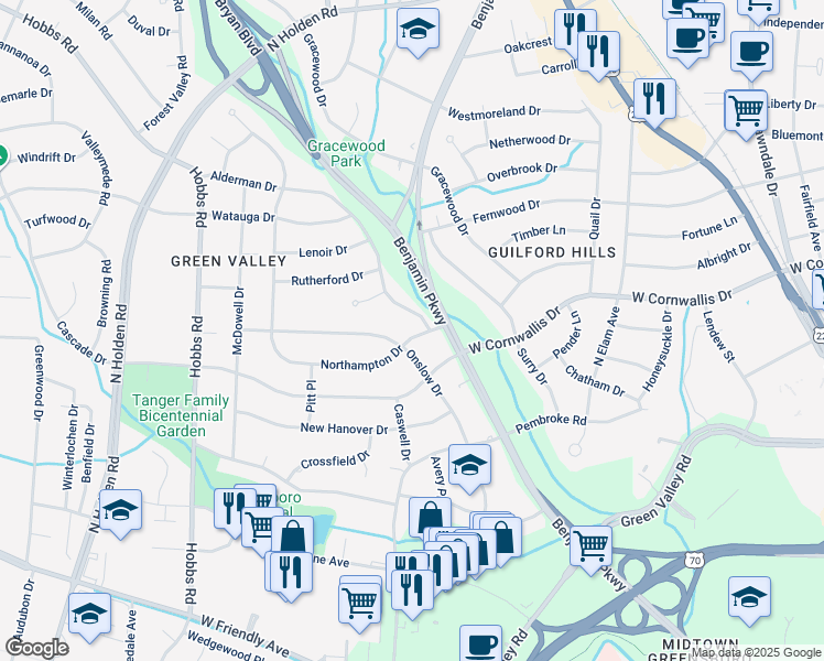 map of restaurants, bars, coffee shops, grocery stores, and more near 2706 Northampton Drive in Greensboro