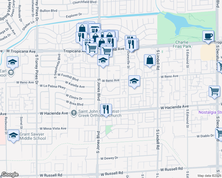 map of restaurants, bars, coffee shops, grocery stores, and more near 5158 South Jones Boulevard in Las Vegas