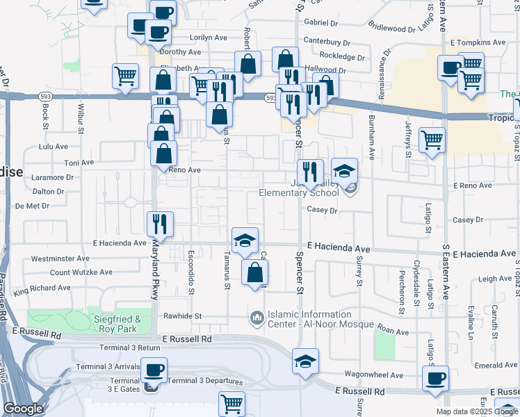 map of restaurants, bars, coffee shops, grocery stores, and more near 5155 Caliente Street in Las Vegas
