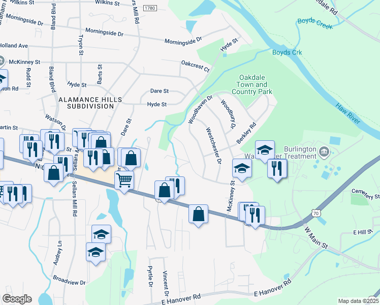 map of restaurants, bars, coffee shops, grocery stores, and more near 2341 Buckingham Road in Burlington
