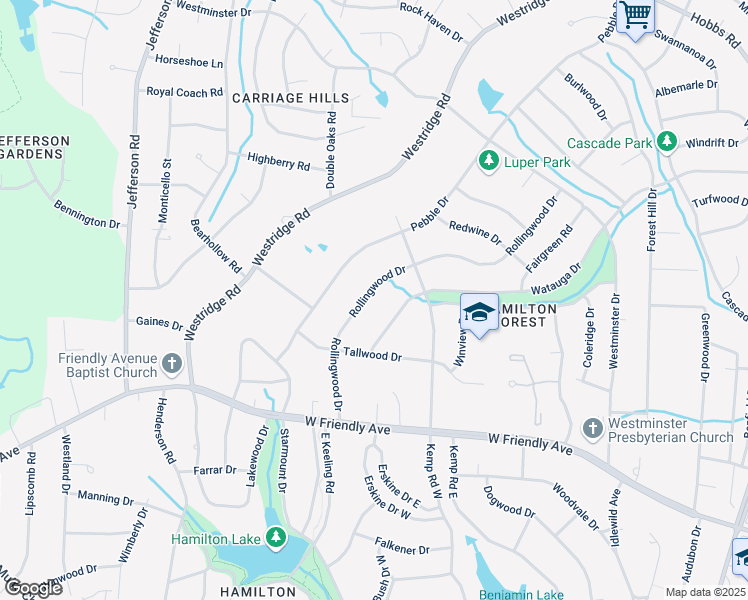 map of restaurants, bars, coffee shops, grocery stores, and more near 714 Rollingwood Drive in Greensboro