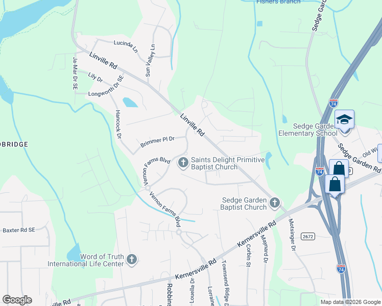 map of restaurants, bars, coffee shops, grocery stores, and more near 4538 Westhill Place in Kernersville