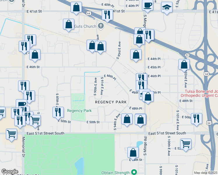map of restaurants, bars, coffee shops, grocery stores, and more near 9121 East 47th Street in Tulsa