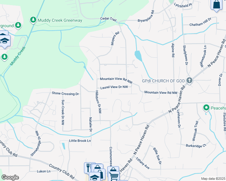 map of restaurants, bars, coffee shops, grocery stores, and more near 115 Laurel View Court Northwest in Winston-Salem