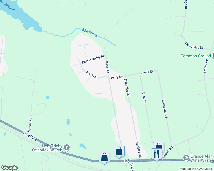 map of restaurants, bars, coffee shops, grocery stores, and more near 612 Mace Road in Mebane