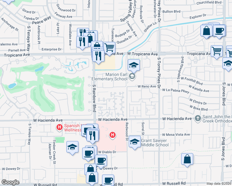 map of restaurants, bars, coffee shops, grocery stores, and more near 5250 South Rainbow Boulevard in Las Vegas