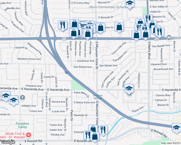 map of restaurants, bars, coffee shops, grocery stores, and more near 5133 Woodruff Place in Las Vegas