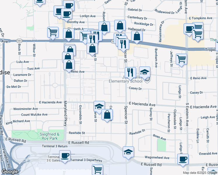 map of restaurants, bars, coffee shops, grocery stores, and more near 5155 Caliente Street in Las Vegas