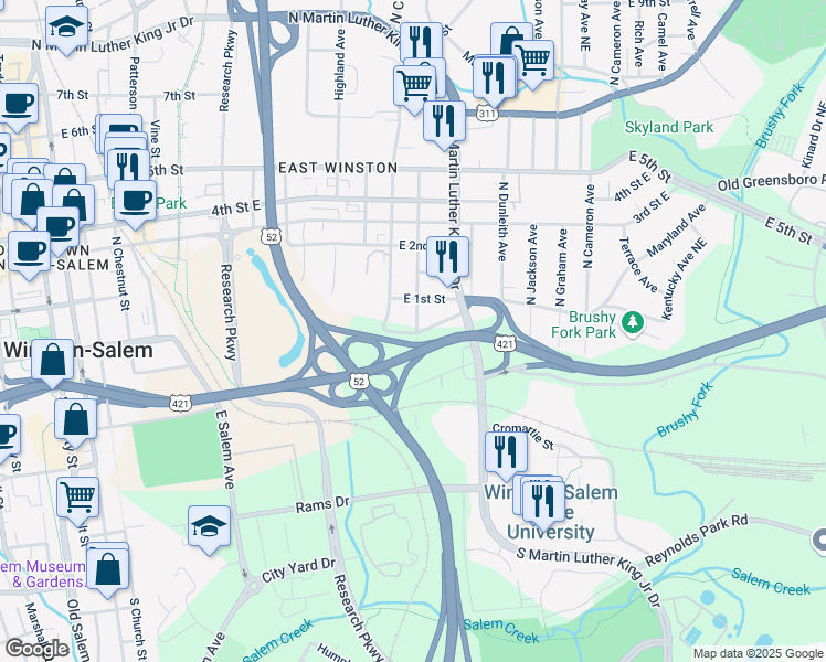 map of restaurants, bars, coffee shops, grocery stores, and more near 1210 East 1st Street in Winston-Salem
