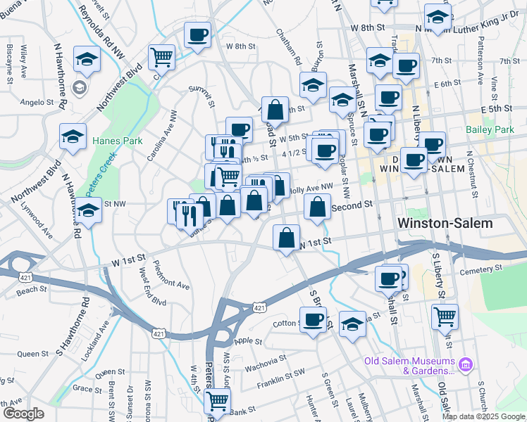 map of restaurants, bars, coffee shops, grocery stores, and more near 220 North Green Street in Winston-Salem