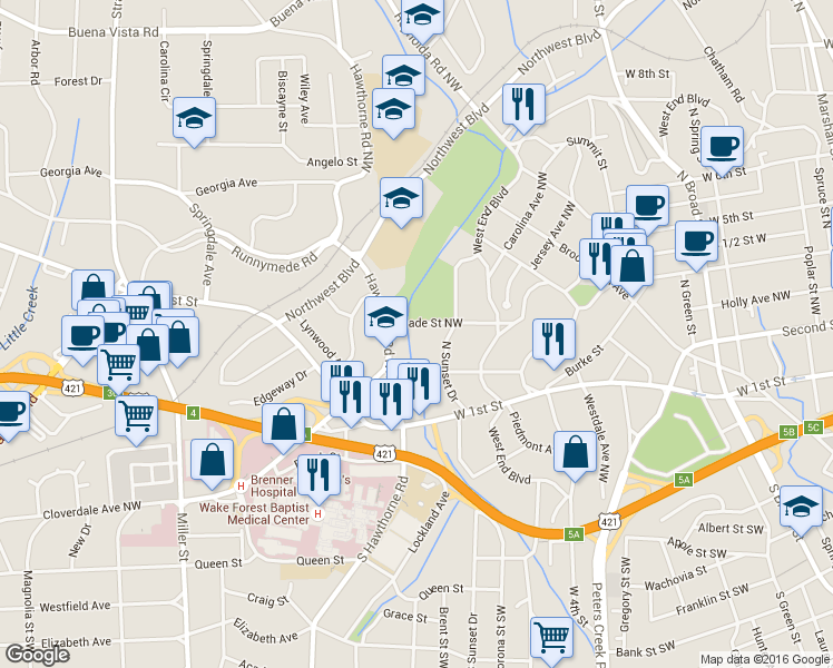 map of restaurants, bars, coffee shops, grocery stores, and more near 1426 Glade Street Northwest in Winston-Salem