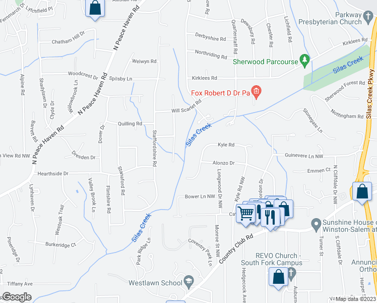 map of restaurants, bars, coffee shops, grocery stores, and more near 429 Kyle Road in Winston-Salem