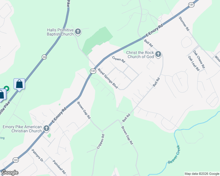 map of restaurants, bars, coffee shops, grocery stores, and more near 7404 Royal Springs Boulevard in Knoxville