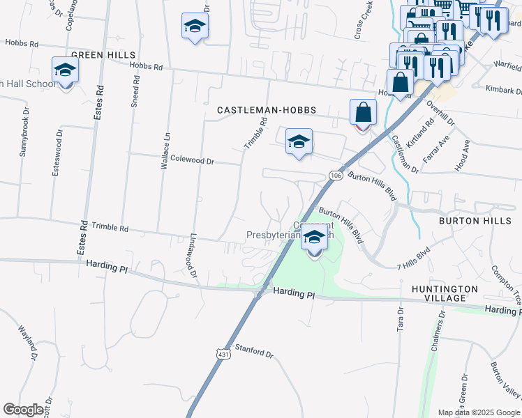 map of restaurants, bars, coffee shops, grocery stores, and more near 255 Summit Ridge Drive in Nashville
