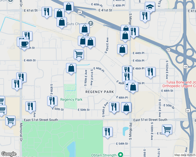 map of restaurants, bars, coffee shops, grocery stores, and more near 9121 East 47th Street in Tulsa