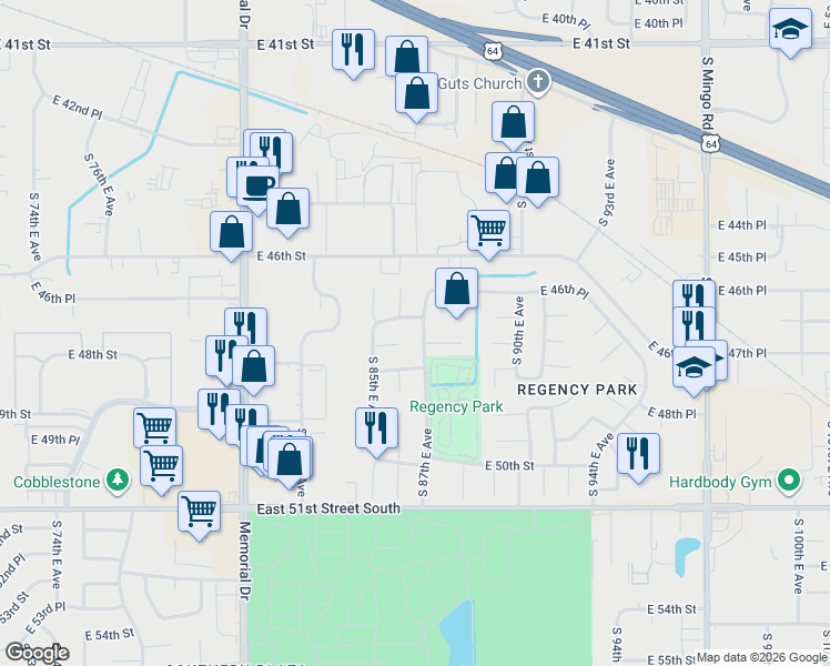 map of restaurants, bars, coffee shops, grocery stores, and more near 8613 East 47th Street in Tulsa