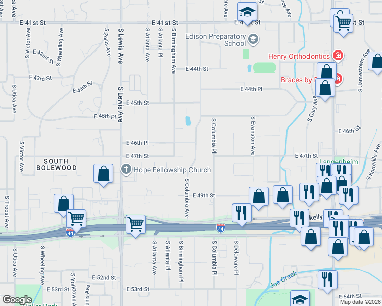 map of restaurants, bars, coffee shops, grocery stores, and more near 4608 South Columbia Avenue in Tulsa