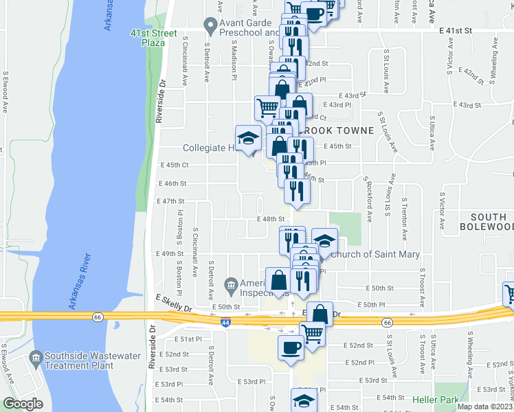 map of restaurants, bars, coffee shops, grocery stores, and more near 4530 South Peoria Avenue in Tulsa