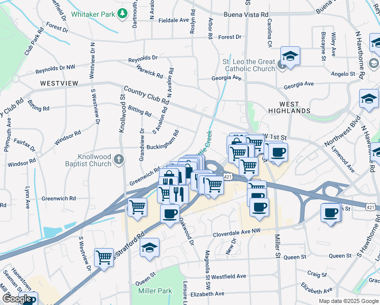 map of restaurants, bars, coffee shops, grocery stores, and more near 2425 Greenwich Road in Winston-Salem