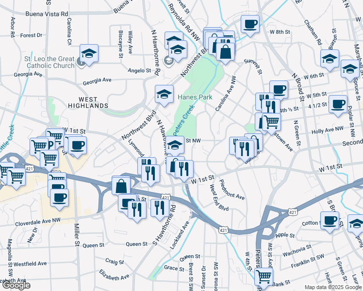map of restaurants, bars, coffee shops, grocery stores, and more near 1426 Glade Street Northwest in Winston-Salem