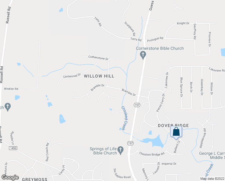 map of restaurants, bars, coffee shops, grocery stores, and more near 1311 Bramble Drive in Durham