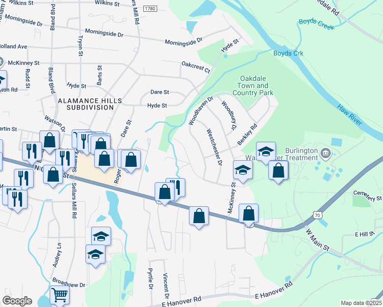 map of restaurants, bars, coffee shops, grocery stores, and more near 2341 Buckingham Road in Burlington