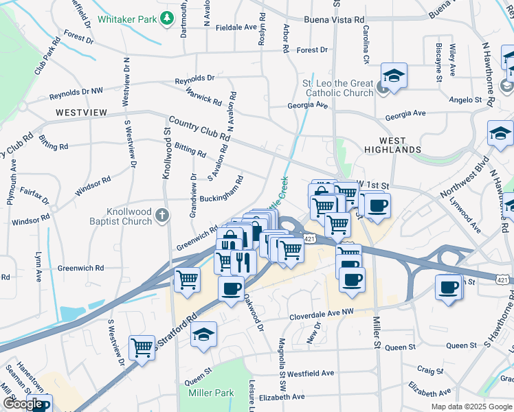 map of restaurants, bars, coffee shops, grocery stores, and more near 2425 Greenwich Road in Winston-Salem