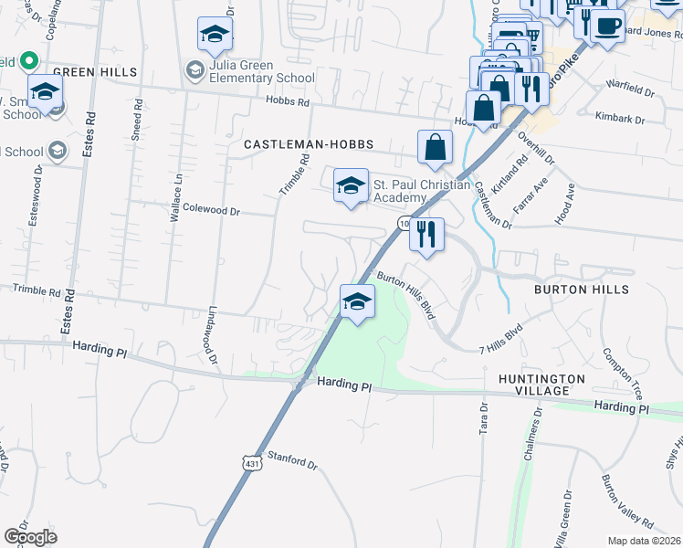 map of restaurants, bars, coffee shops, grocery stores, and more near 100 Jefferson Square in Nashville