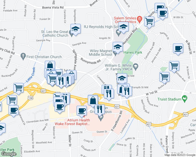 map of restaurants, bars, coffee shops, grocery stores, and more near 1704 Lynwood Avenue in Winston-Salem