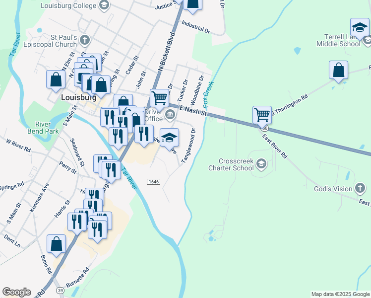 map of restaurants, bars, coffee shops, grocery stores, and more near 206 Tanglewood Drive in Louisburg