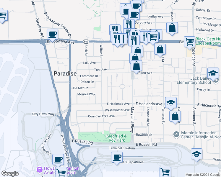 map of restaurants, bars, coffee shops, grocery stores, and more near 5185 Gray Lane in Las Vegas