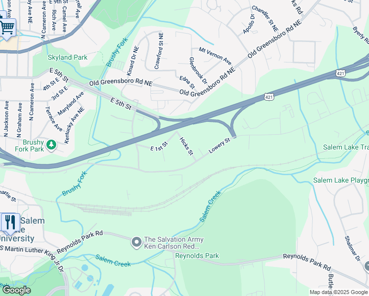 map of restaurants, bars, coffee shops, grocery stores, and more near 116 Hicks Street in Winston-Salem