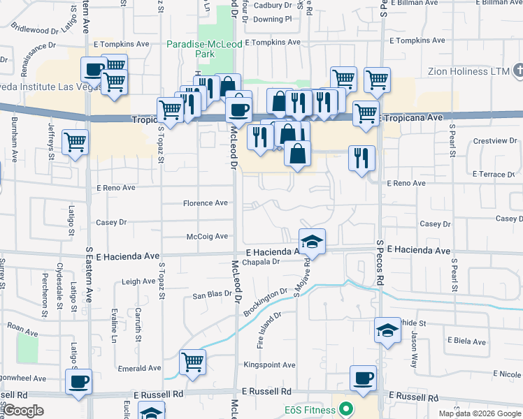 map of restaurants, bars, coffee shops, grocery stores, and more near 3044 Casey Drive in Las Vegas