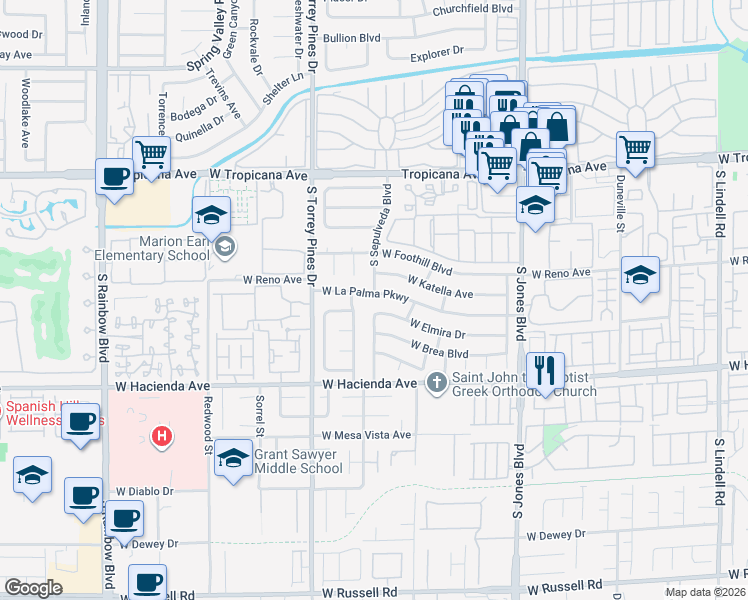 map of restaurants, bars, coffee shops, grocery stores, and more near 5095 South Sepulveda Boulevard in Las Vegas