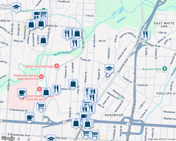 map of restaurants, bars, coffee shops, grocery stores, and more near 1410 Walnut Street in Greensboro