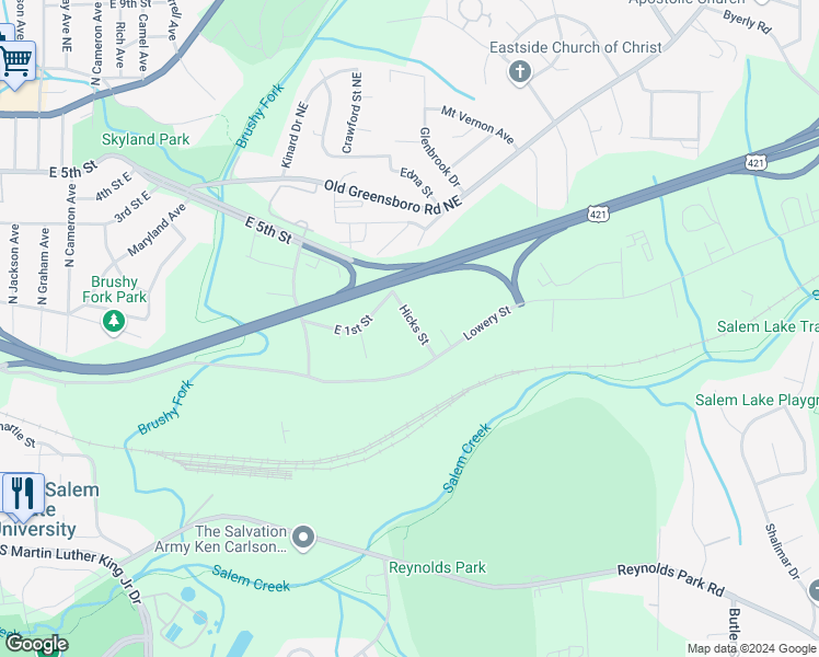 map of restaurants, bars, coffee shops, grocery stores, and more near 116 Hicks Street in Winston-Salem