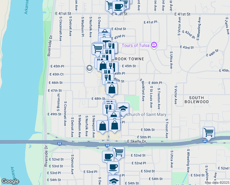 map of restaurants, bars, coffee shops, grocery stores, and more near 1313 East 48th Street in Tulsa