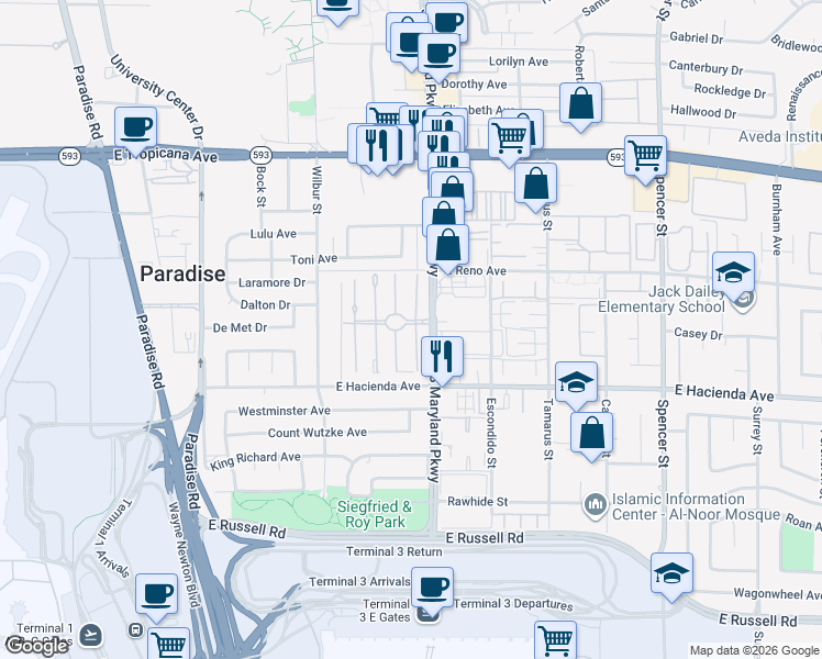 map of restaurants, bars, coffee shops, grocery stores, and more near 5187 Garden Lane in Las Vegas