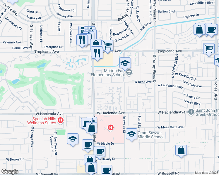 map of restaurants, bars, coffee shops, grocery stores, and more near 5250 South Rainbow Boulevard in Las Vegas